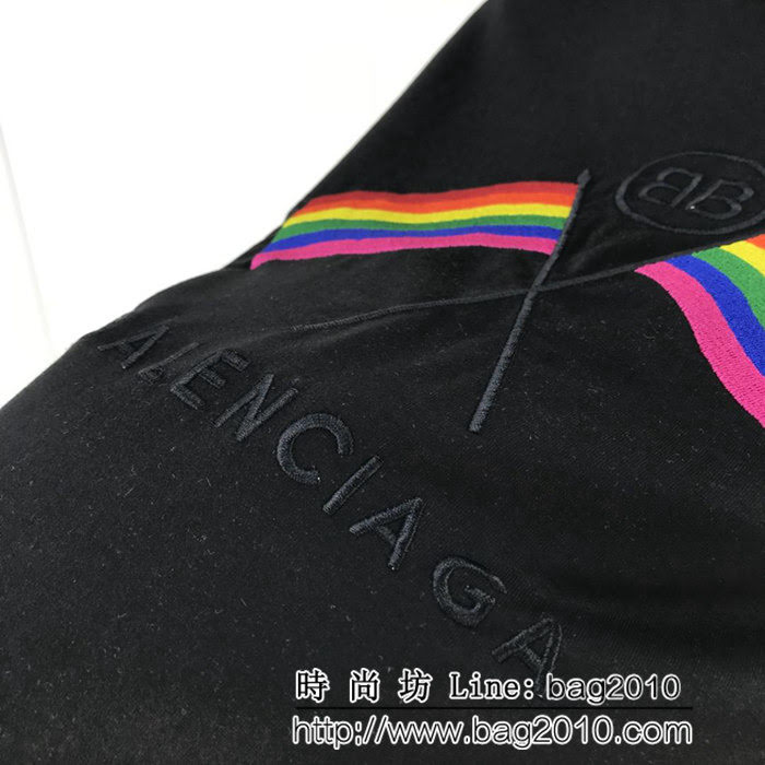 BALENCIAGA巴黎世家  19早春新款 刺繡彩旗 純棉男款黑色短袖 ydi1765